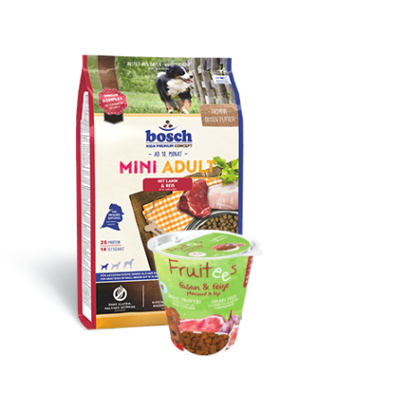 bosch MINI ADULT Lamb & Rice 3kg + Fruitees su putpele 200g